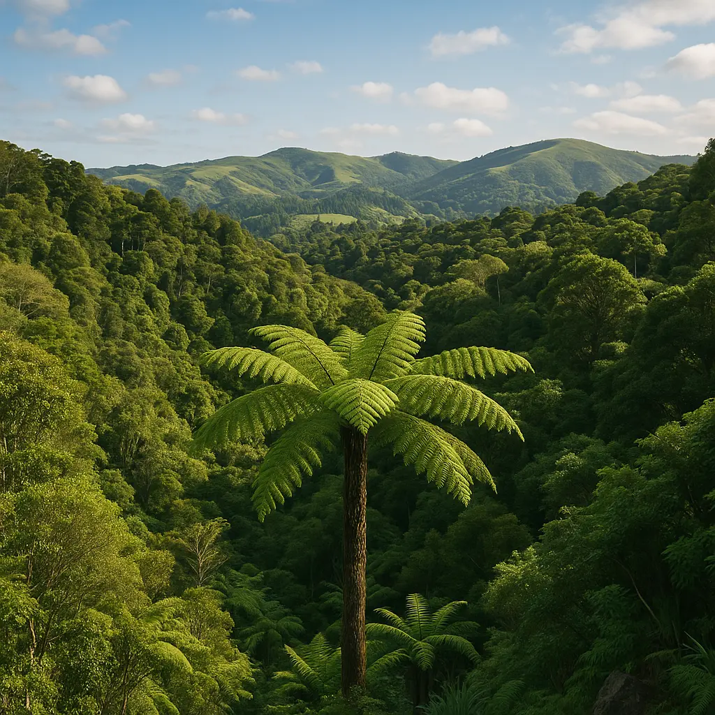 Lush native forest in New Zealand with a tree fern in the foreground, representing rewilding efforts by the Seed Hunter Tribe.