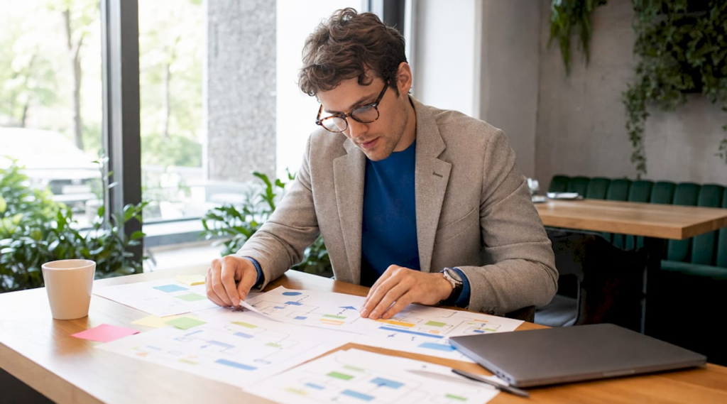 Marketer reviewing digital marketing funnel documents
