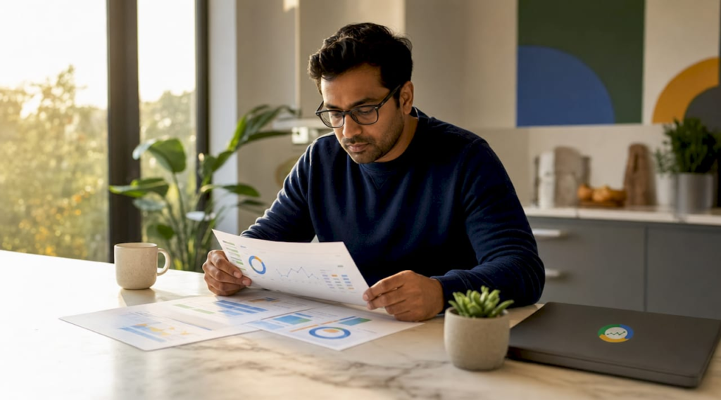 Person analyzing Google Ads reports at home office desk