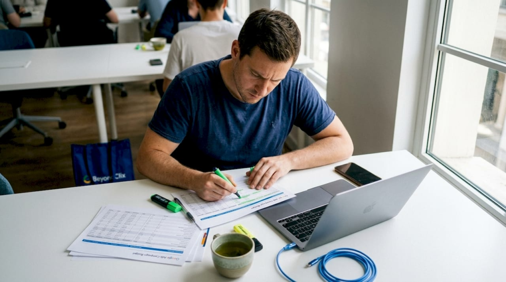 Entrepreneur reviewing Google Ads budget sheets in home office
